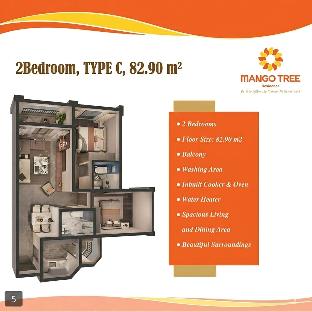 Type C two-bedroom apartment floor plan at Mango Tree Residence, Syokimau